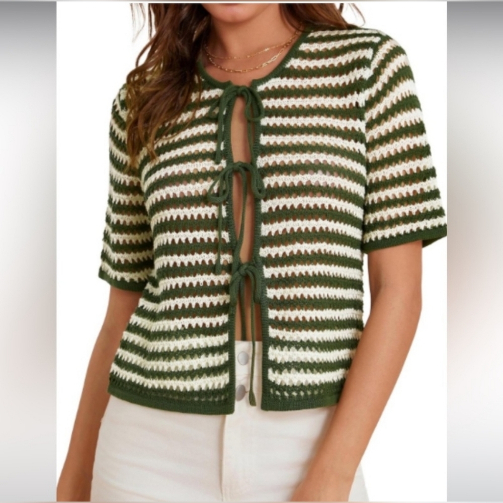 Grace Karin 3 Front Ties Cardigan Size 2X Shrug Sweater Stripes Boho Classic